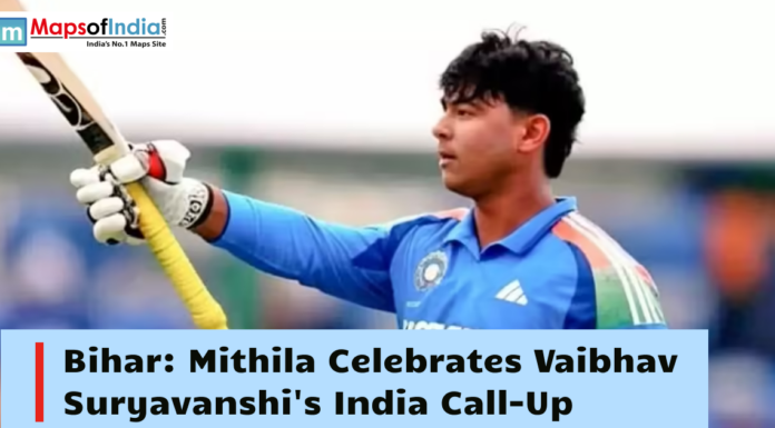 Bihar: Mithila Celebrates Vaibhav Suryavanshi’s India Call-Up Young Indian cricketer Vaibhav Suryavanshi raises his bat in celebration, with a headline highlighting Mithila's celebration of his India team call-up.