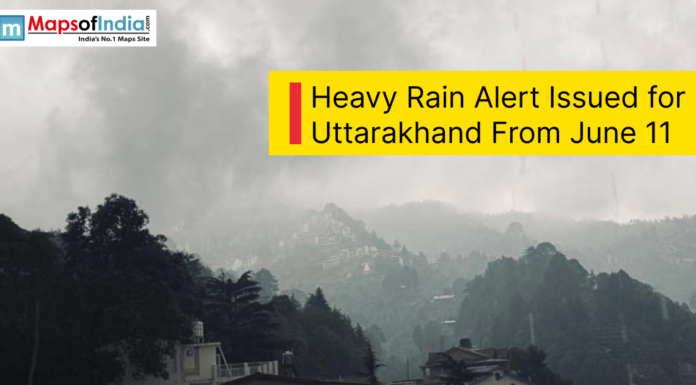 Heavy Rain Alert Issued for Uttarakhand From June 11 Dark rain clouds over the hills of Uttarakhand during heavy rainfall with an alert announcing heavy rain from June 11.