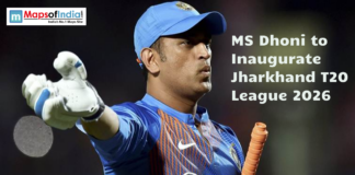 MS Dhoni to Inaugurate Jharkhand T20 League 2026 MS Dhoni in India cricket jersey pointing on the field with text announcing Jharkhand T20 League 2026 inauguration.