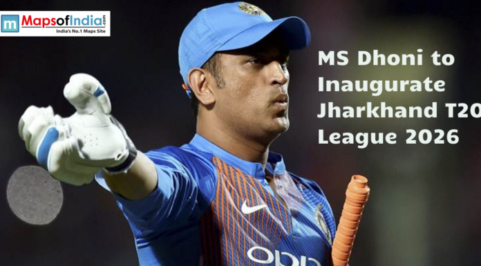 MS Dhoni to Inaugurate Jharkhand T20 League 2026 MS Dhoni in India cricket jersey pointing on the field with text announcing Jharkhand T20 League 2026 inauguration.